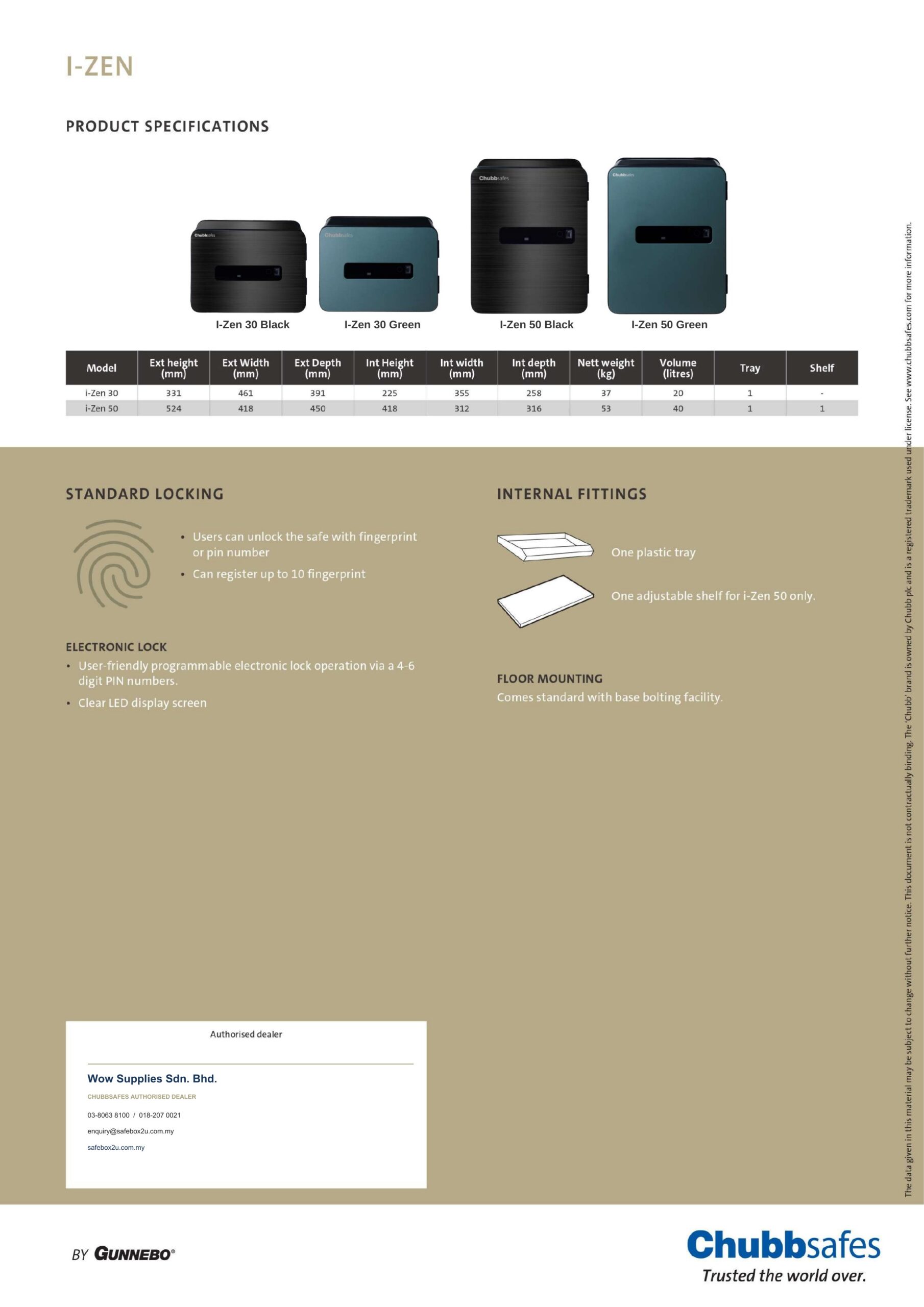 Chubbsafes i-Zen 50 specifications and Wow Supplies authorised dealer details