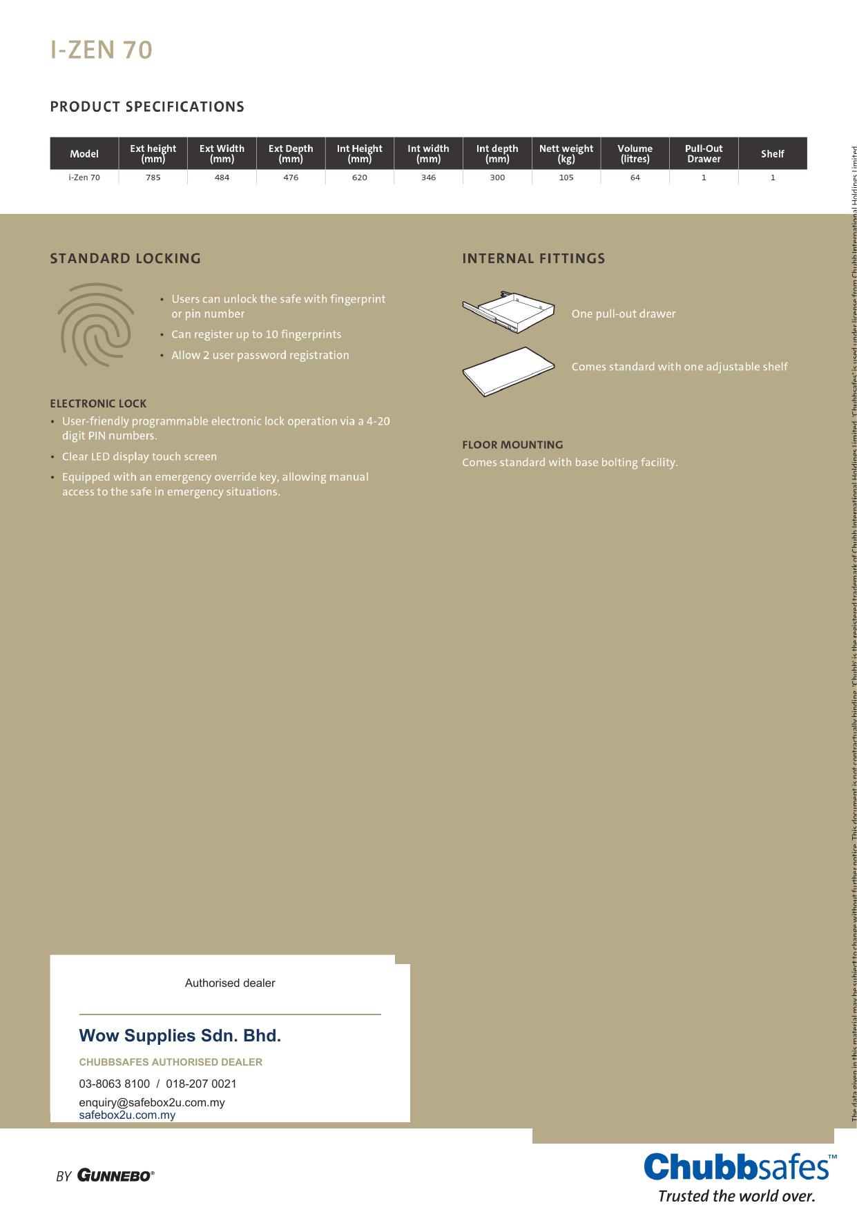 Chubbsafes i-Zen 70 specifications and Wow Supplies authorised dealer details