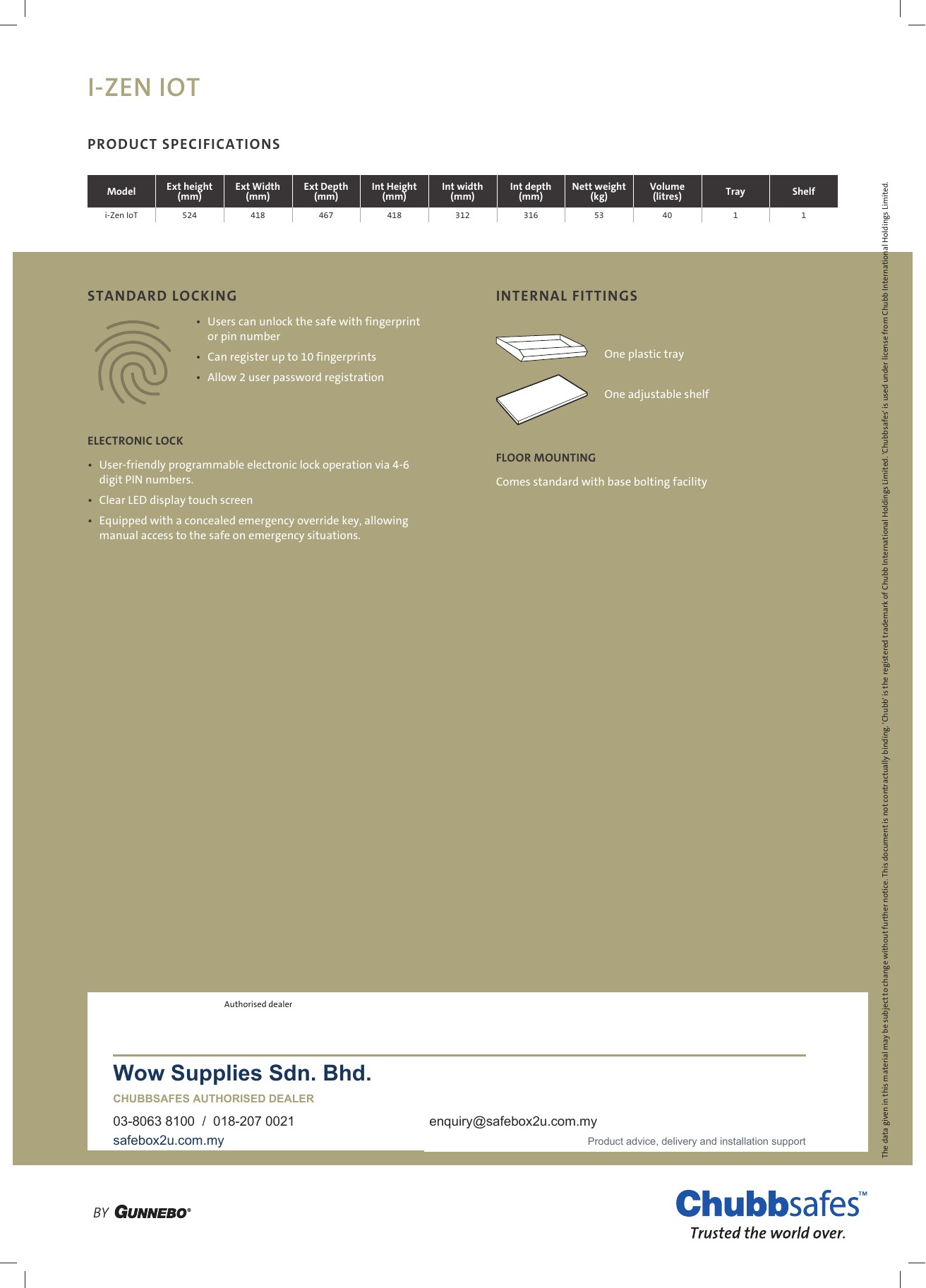 Chubbsafes i-Zen IoT 50 specifications and Wow Supplies authorised dealer details