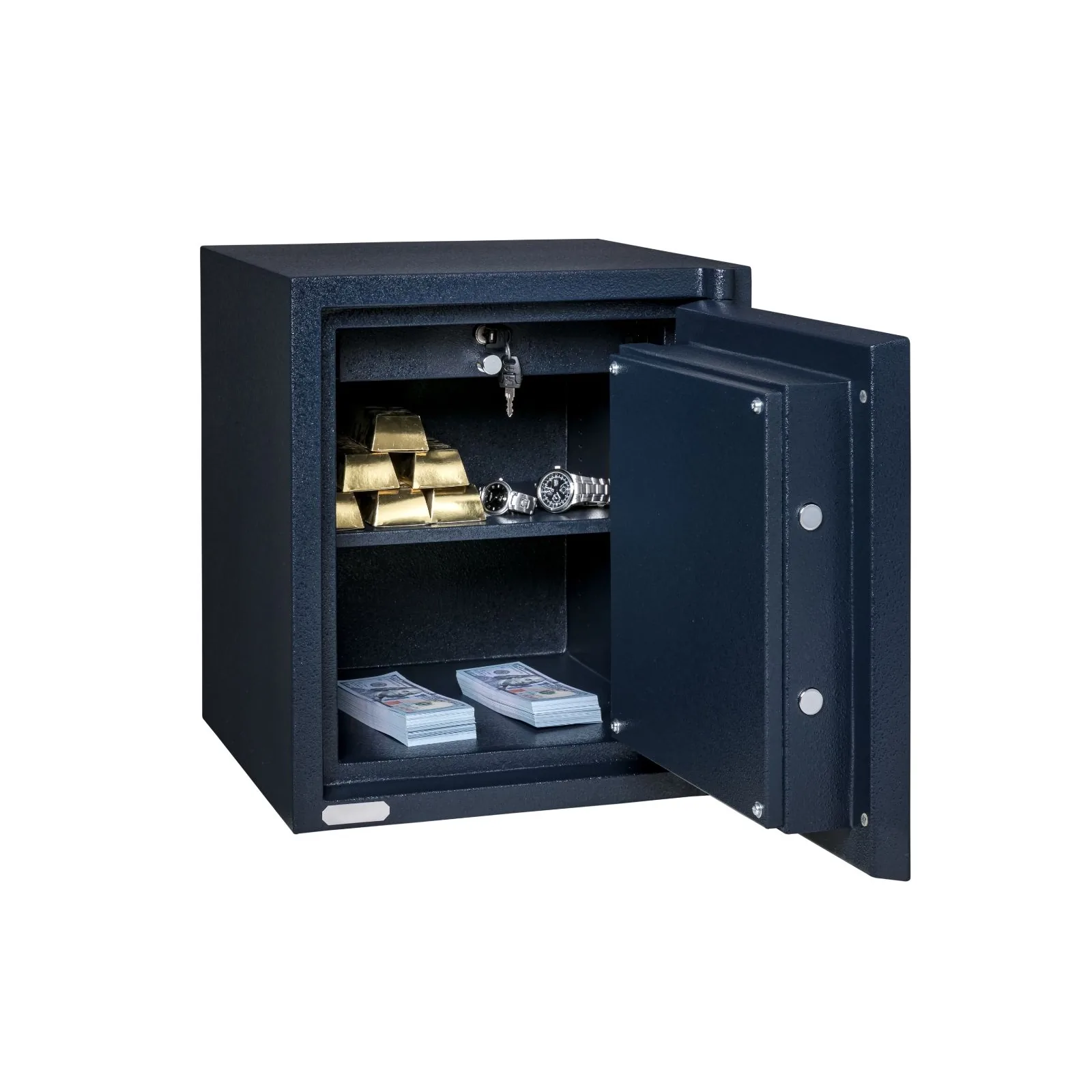 Chubbsafes Mini Guard Size 1 safe, door open with gold bars, watches and cash