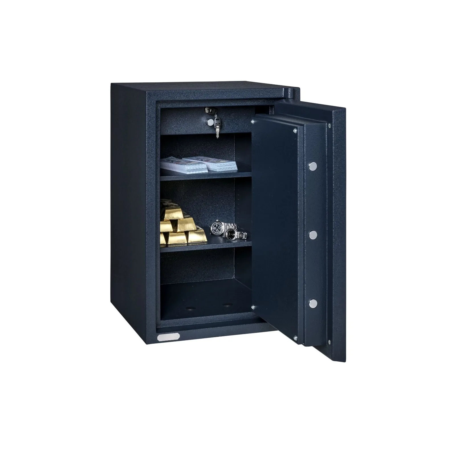 Chubbsafes Mini Guard Size 2 safe, door open with gold bars, watches and cash