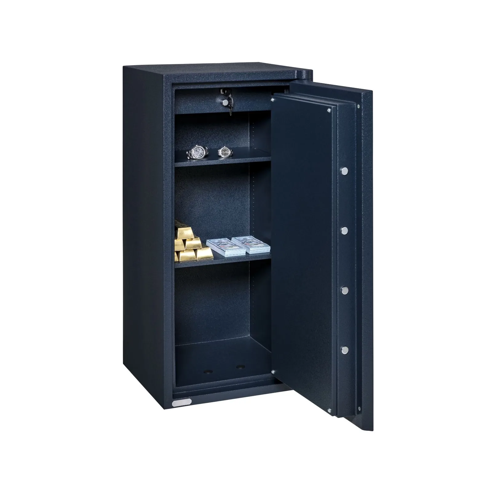 Chubbsafes Mini Guard Size 3 safe, door open with gold bars, watches and cash