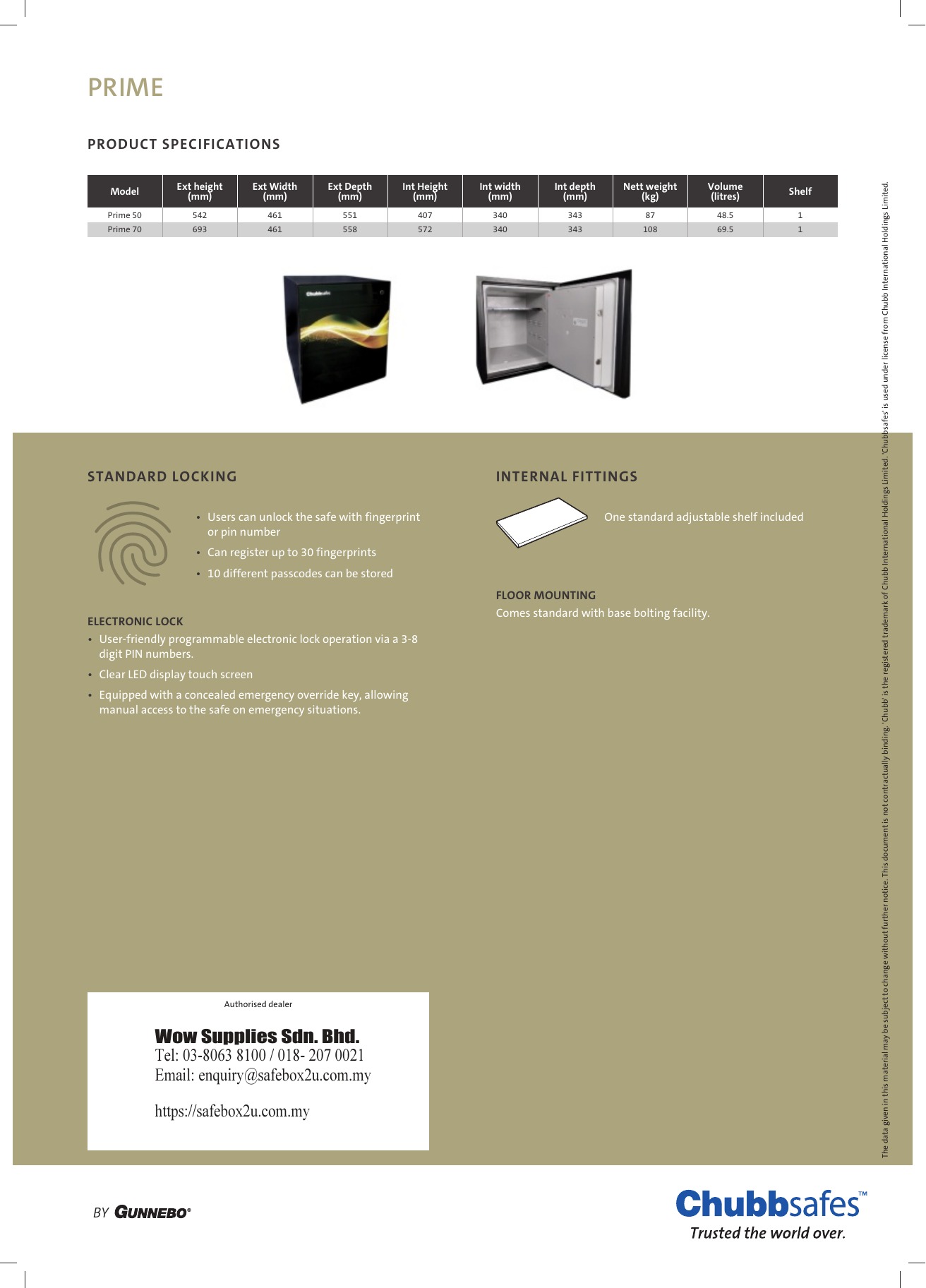 Chubbsafes Prime specifications and Wow Supplies authorised dealer details