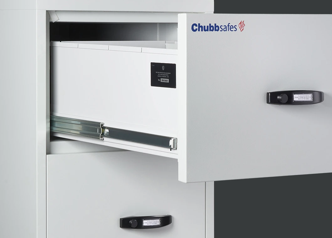 Open drawer of a Chubbsafes Fire File 31 showing the steel slider and the UL 72 fire rating plate